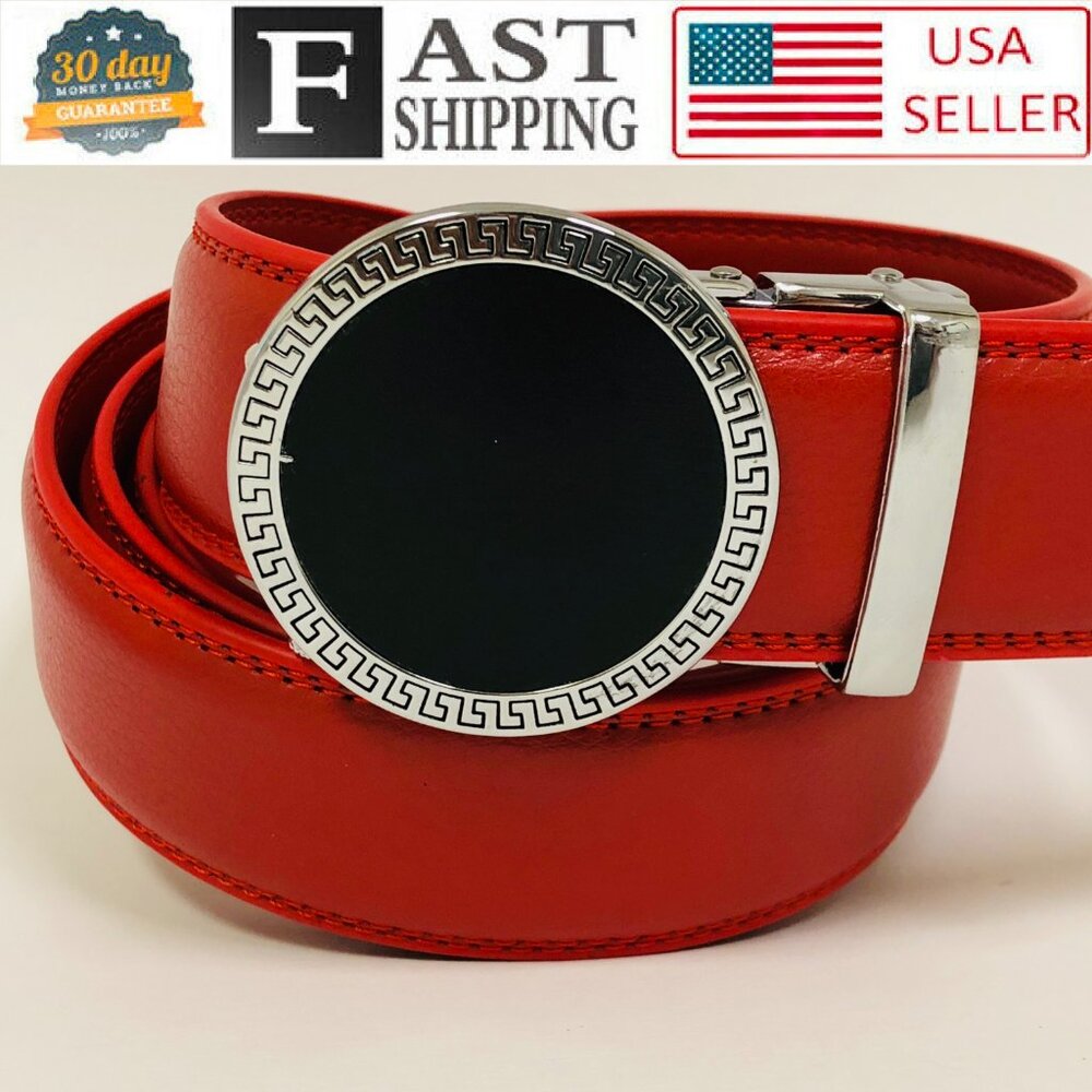 Red Belt Ratchet Belt for Men Leather Fashion Adjustable Automatic Slide No Hole